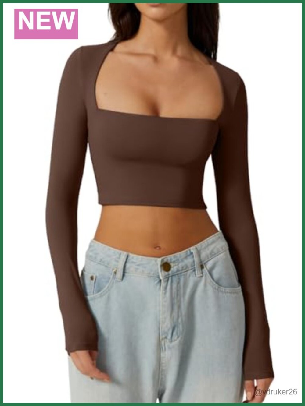 Women's Square Neck Crop Top Long Sleeve Slim Fit Tee